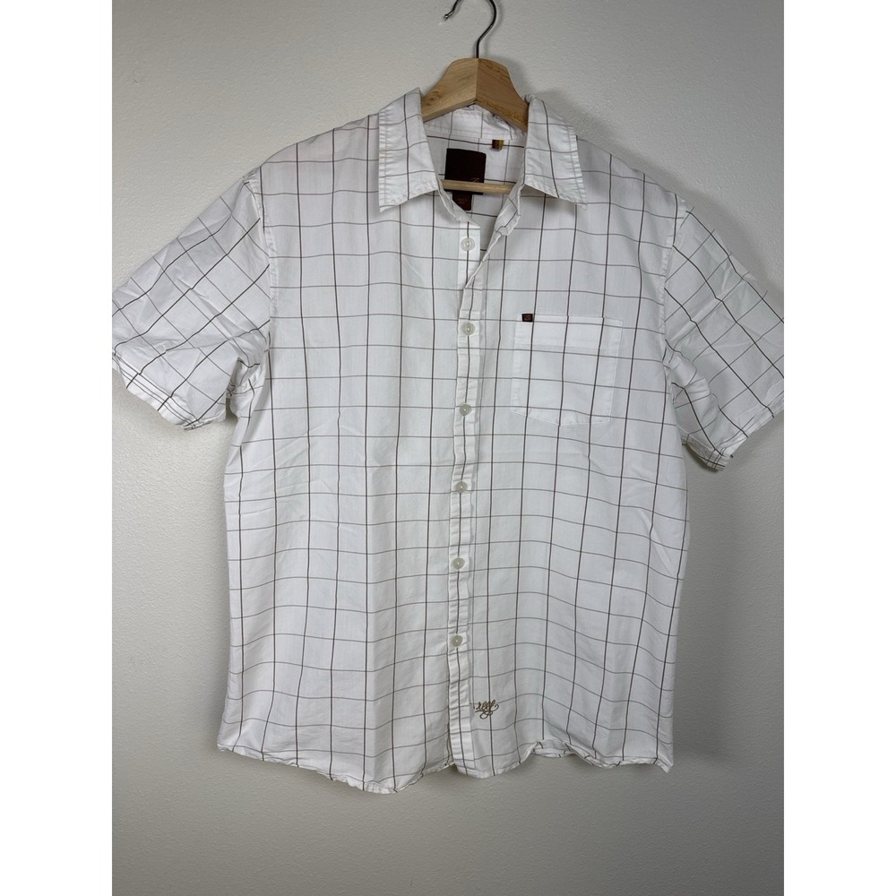 Reef Men's Shirt Large White Brown Windowpane Plaid Short Sleeve Button Front